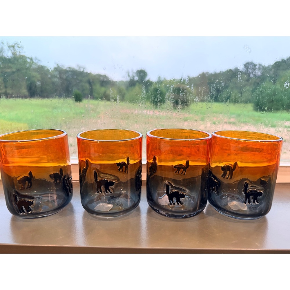 Anthropologie Halloween Black Cat Ombre Glass Tumblers Set of 4 Orange Black
